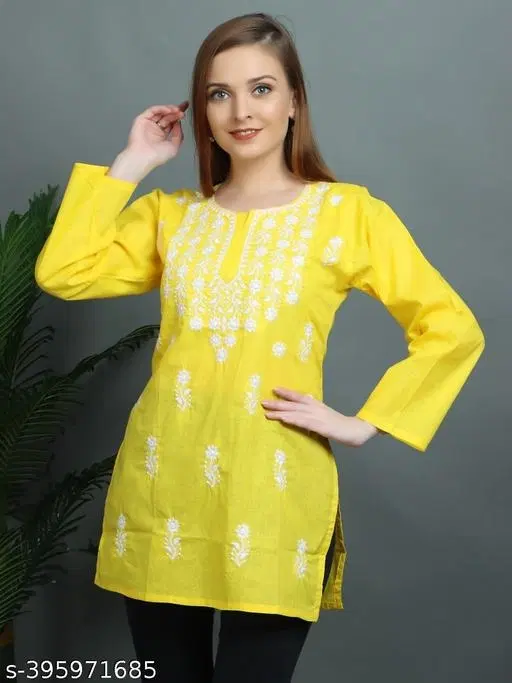 Cotton Chikankari Short Kurti for Women, Yellow (L)