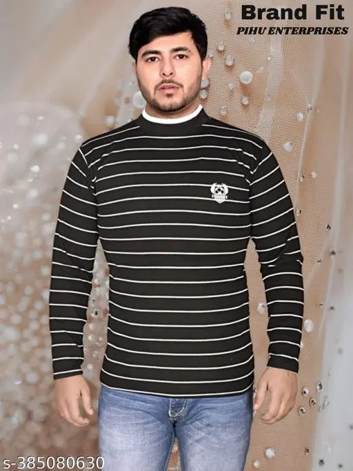 Acrylic Striped Sweater for Men (Black, L)
