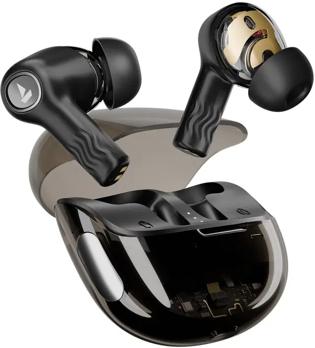 boAt Nirvana Crystl, Transparent Case,360 Spatial Audio, 4Mics ENx Bluetooth Headset (Quantum Black, True Wireless)
