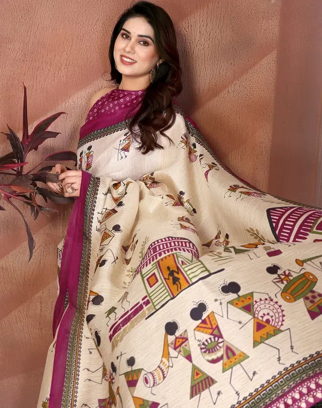 Assam Silk Printed Saree for Women (Cream, Free Size)