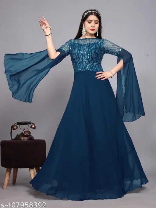 Georgette Embellished Gown for Women (Teal, XXL)
