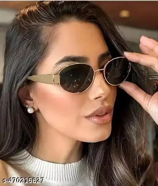 Vintage Oval Metal Sunglasses for Women ,Black