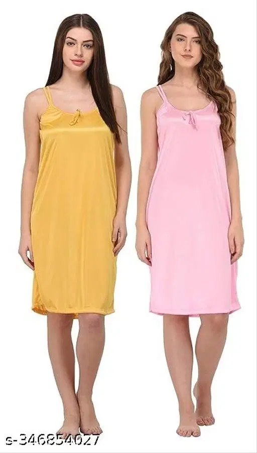 Satin Solid Nightdress for Women, Yellow & Pink, Pack of 2 (S)