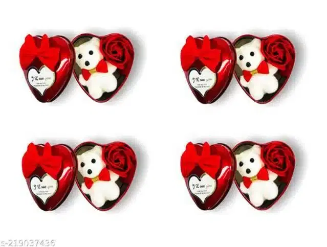 Heart Shape Gift Box With Teddy & Rose, Red, Pack Of 4