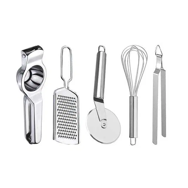 Oc9 Stainless Steel Lemon Squeezer & Cheese Grater & Pizza Cutter & Egg Whisk & Roti Chimta Kitchen Tool Set, O-92