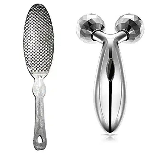 Foot Scraper with 3D Roller Face Massager for Women, Silver, Pack of 2
