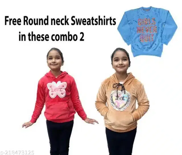 Wool Embroidered Full Sleeves Hooded Sweatshirts with Free Round Neck Sweatshirt for Girls, Set of 3 (Multicolor, 4-5 Years)