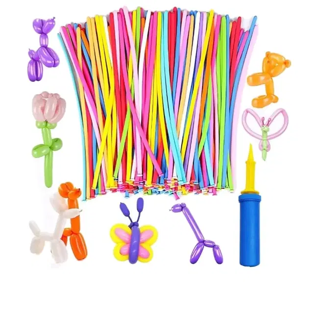 Solid 100 Pcs Animals Kit, Multicolor with Twisting Balloons with 1 Air Pump + 100pcs Latex Long Balloons