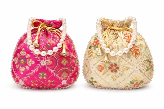 Handcrafted Embroidered Silk Potli Bag, Multicolour, Pack of 2