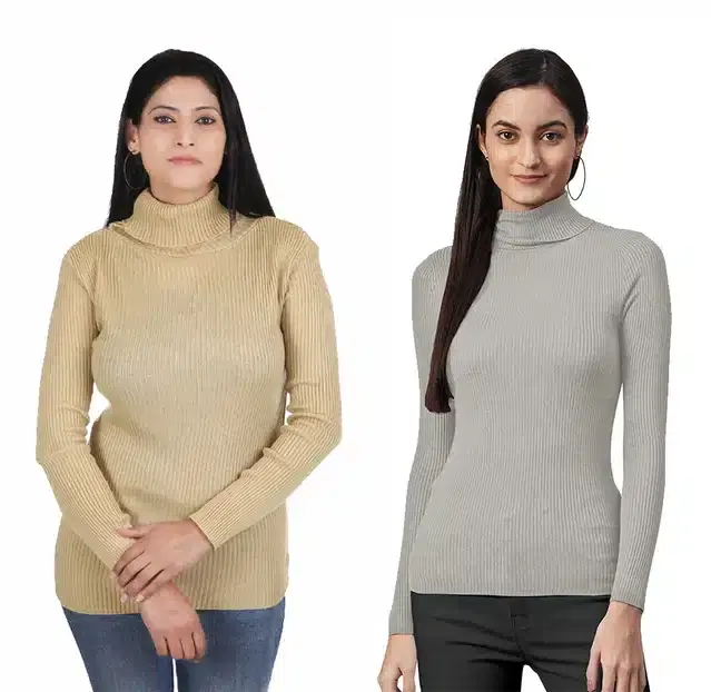 Full Sleeves High Neck Sweater for Women, Pack of 2 (Beige & Grey, M)