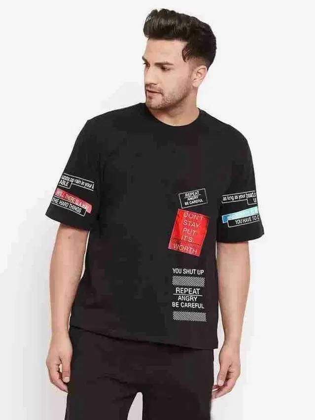 Round Printed T-shirts for Men (Black, L)