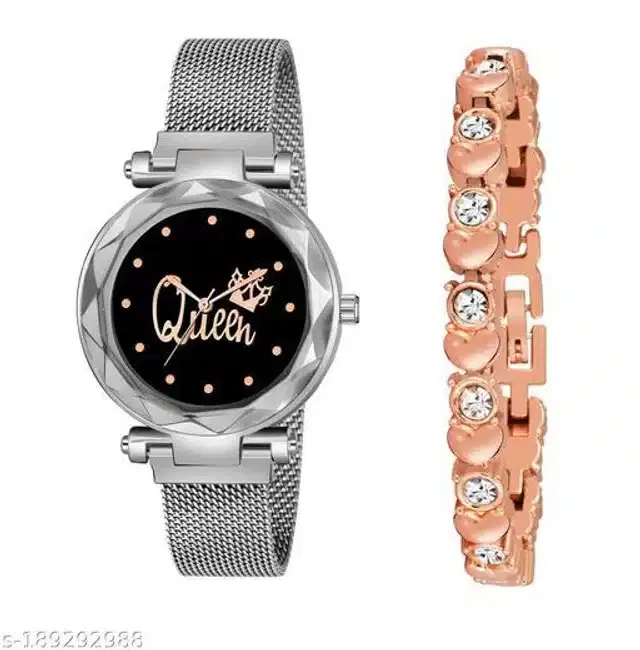 Analog Watch with Bracelet for Women, Set of 2 (Rose Gold & Silver)