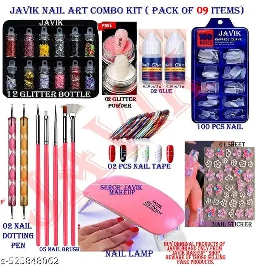 Nail Art Kit Combo Glitter 12 + Nails 100 + Glue 02 + Dotting Pen 2 + Nail Art Brush 5 + Lamp 1 + Glitter Powder 2