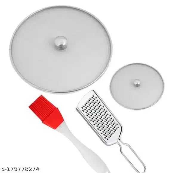 Metal Net Lids, 2 Pcs with Cheese Grater & Oil Brush, Red & Silver, Set of 4