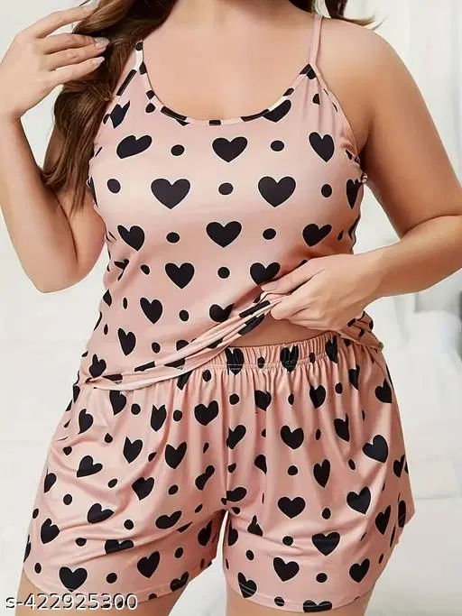 Cotton Blend Printed Night Suit for Women, Peach (M)
