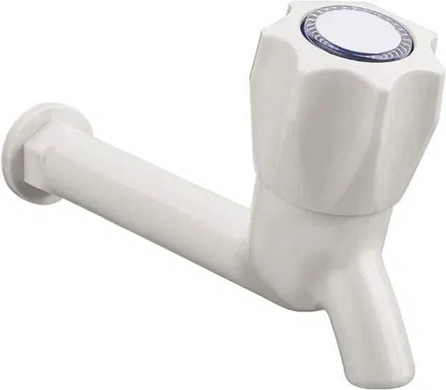 Plastic Long Body Bib Cock Tap with Wall Flange, White, Set of 1