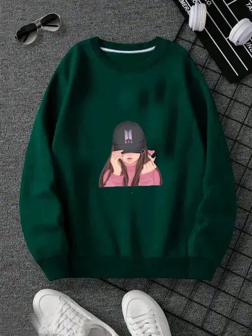 Fleece Printed Sweatshirt for Women (Green, S)