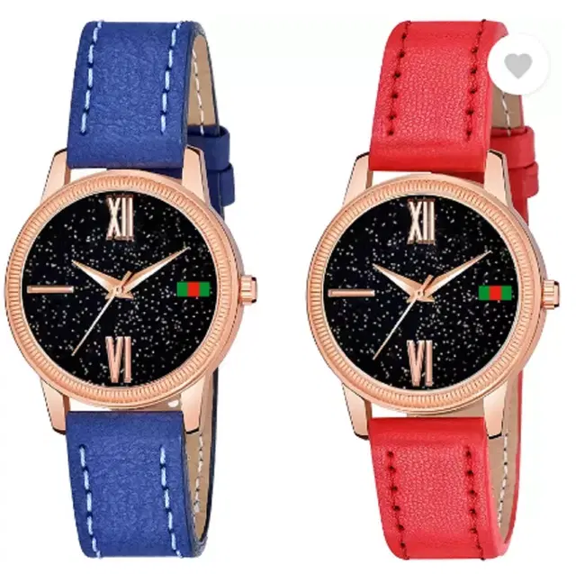 Leather Strap Analog Watch for Women & Girls, Pack of 2 (Multicolor)