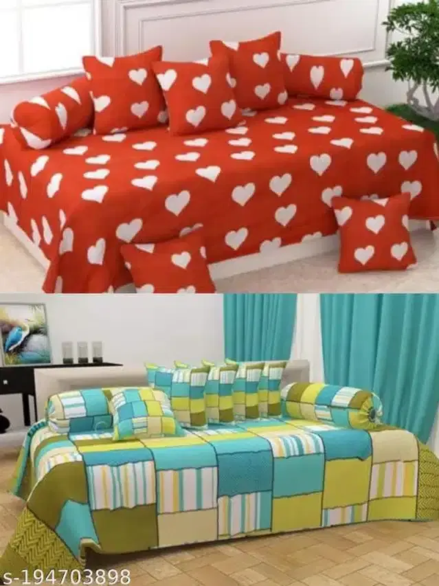 Polycotton Diwan Cover Set, Multicolor, Combo of 2