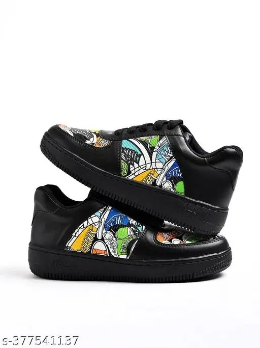 Printed Synthetic Sneakers for Girls (Black, 12-13 Years)