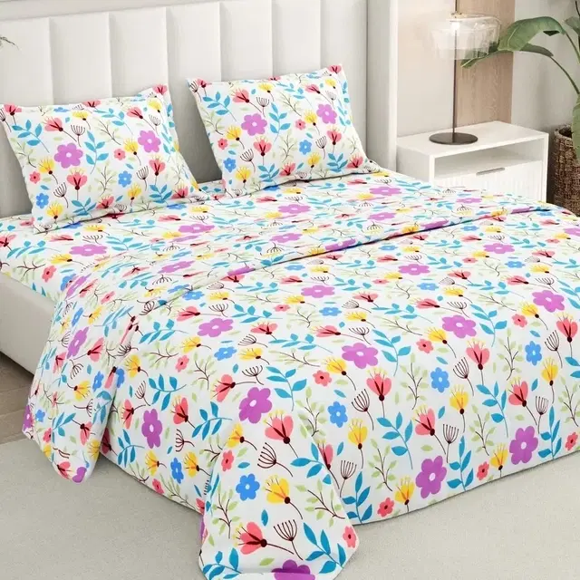 Rivermoor Premium Floral Flat Double Bedsheet, Double Bed Bedsheet With 2 Pillow Cover Set, 200 Tc Microfiber Ultra Soft Bedsheets, Bed Sheet For Flat Double Size Bed, Pink Yellow, 88x96 In