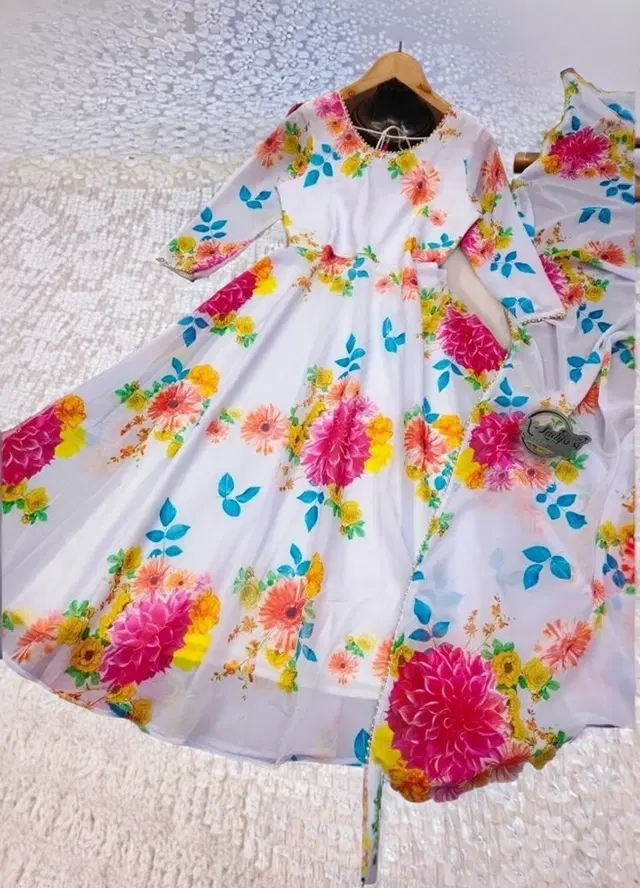 Georgette Printed Gown with Dupatta for Girls (Multicolor, XS)