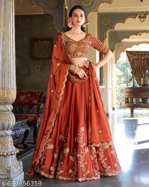 Embroidered Lehenga Choli for Women (Rust, Free Size)