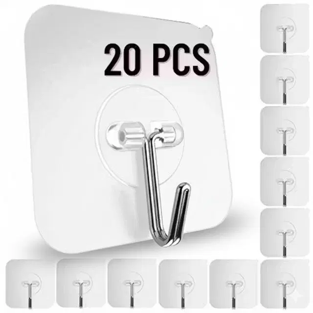 Plastic Wall Hooks, Transparent (Pack of 20)
