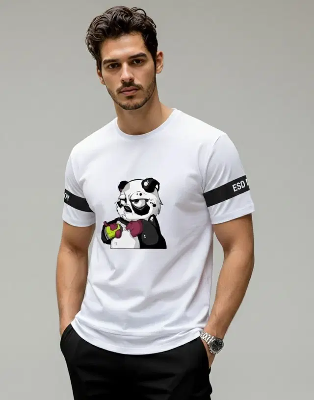 Polyester Printed T-shirt for Men, White (L)