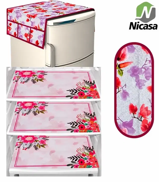 Waterproof Fridge Cover, With 3xFridge Mat And 1 xHandle Cover Pack Of 5 Purple/Red Flower