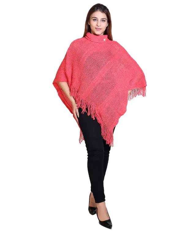 Woolen Self-Design Ponchos for Women (Pink, M)