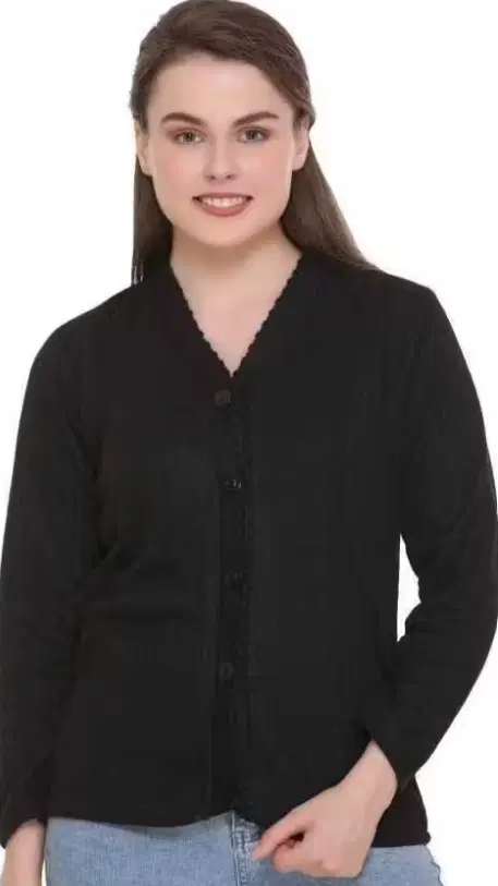 Woolen V-Neck Cardigan Full Sleeve Button-Up Winter Sweater, Black (Free Size)