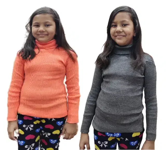 Full Sleeves Solid Sweater for Girls, Pack of 2 (Orange & Grey, 3-6 Months)