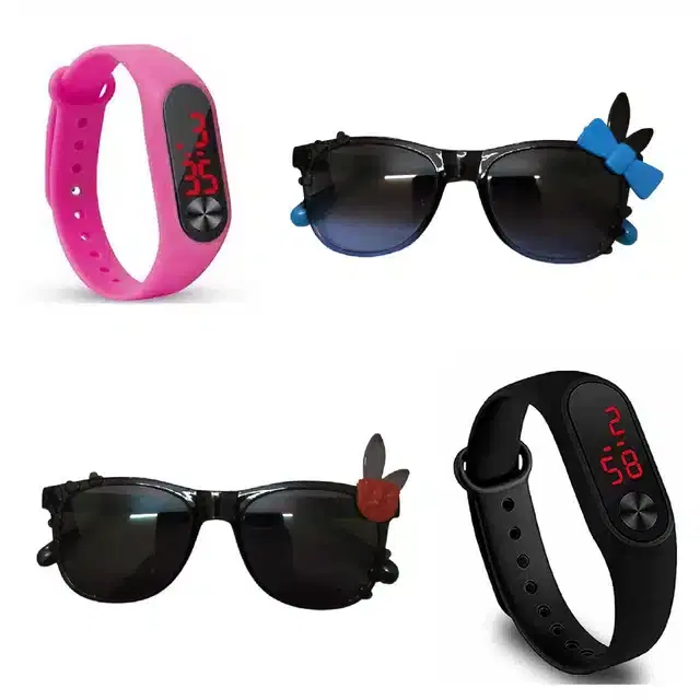UV Protected Sunglass with Digital Watch for Boys & Girls, Set of 4 (Multicolor)