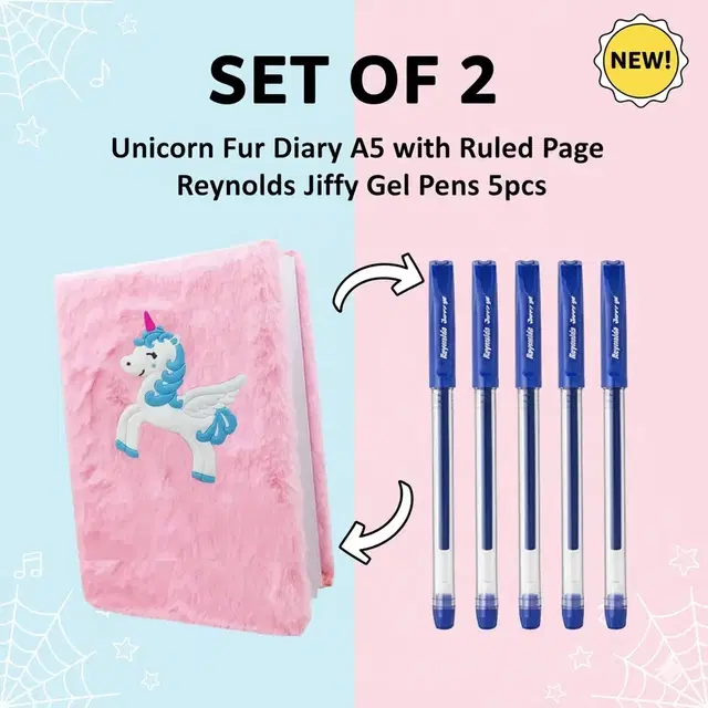 Unicorn Fur Diary A5 with Ruled Page Approx 180 and Reynolds Jiffy Gel Pens 5pcs (Set of 6) Multicolor