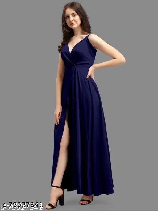 Crepe Solid Dress for Women, Navy Blue (XXL)