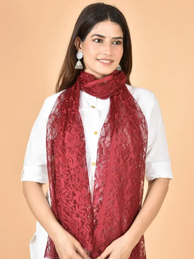 Net Self-Design Dupatta for Women (Maroon, 2.2 m)