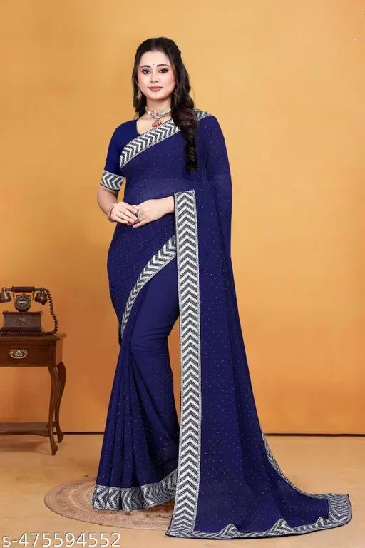 Georgette Solid Saree for Women, Blue (6.3 m)