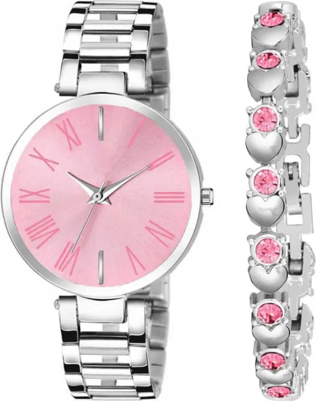Metal Strap Analog Watch with Bracelet for Women & Girls, Set of 2 (Multicolor)