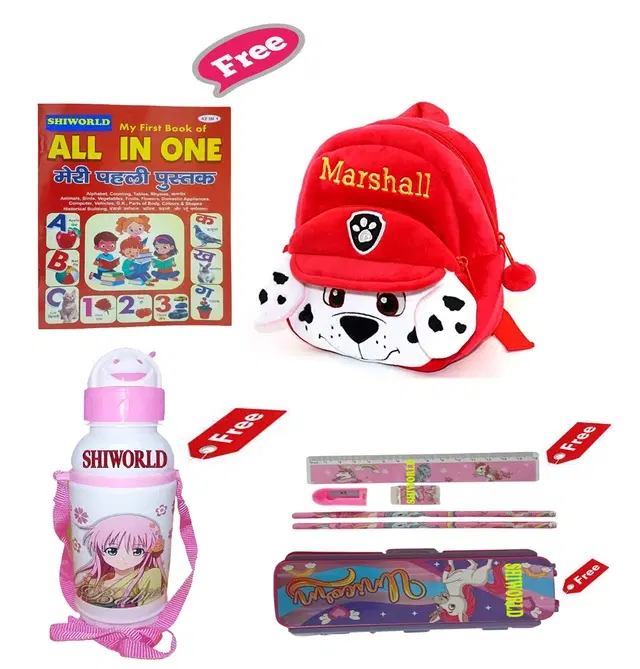 Combo of Kids Cartoon Bag Backpack, All In One Book, Water Bottle & Gift Set Geometry Set, Multicolor, Set of 1