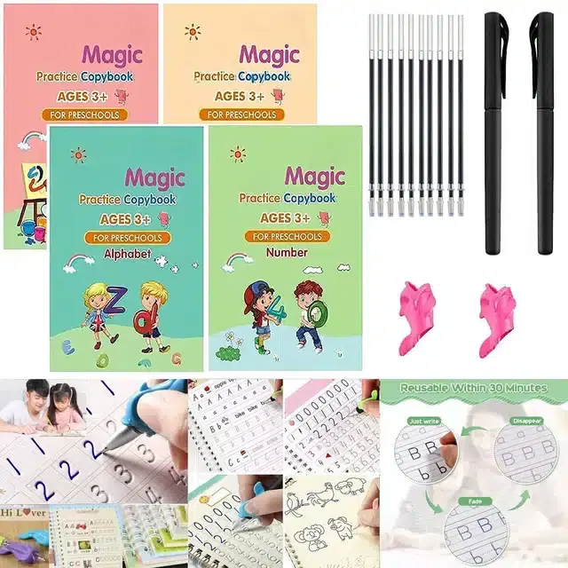 Combo of Number Tracing Book for Preschoolers with Pen, 4 Book + 10 Refill + 2 Pen +2 Grip