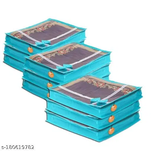 KANUSHI® Set of 9 Pc Flower Design Transparent Saree Cover/Bag with Stainless Steel Zip Lock Combo(Large) (Light Green)