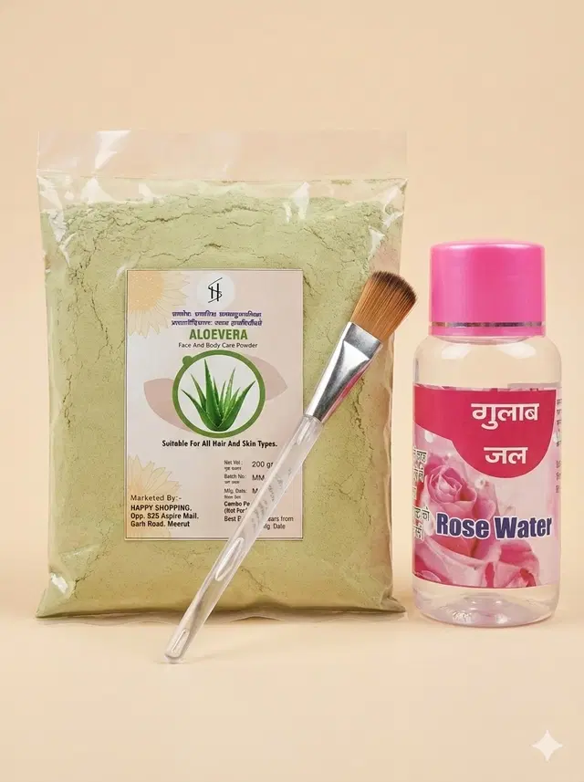 Aloevera Powder {200g} with Rose Water & Applicator Brush, Set of 1