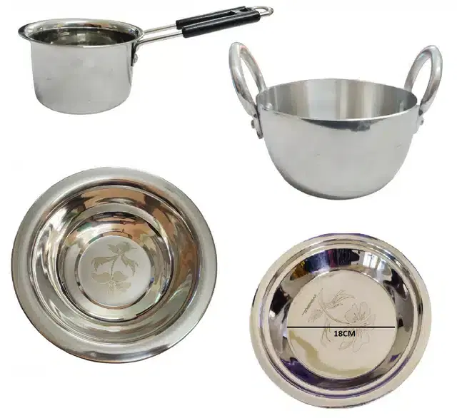 Aluminium Kadhai with Stainless Steel Saucepan, Basin & Parat, Silver, Set of 4