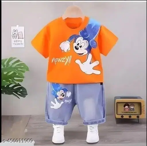Cartoon Stripe Print Cotton Half Sleeve T-shirt and Denim Shorts Clothing Set for Kids (Orange, 12-18 Months)