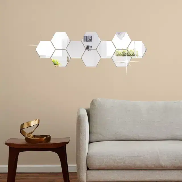 Acrylic Hexagon Shaped Wall Mirror Stickers, Silver, Pack of 10