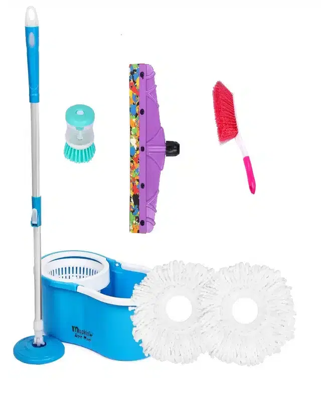 PVC Magic Spin Bucket Mop with 2 Refill & Cleaning Accessories Set, Blue, Set of 4