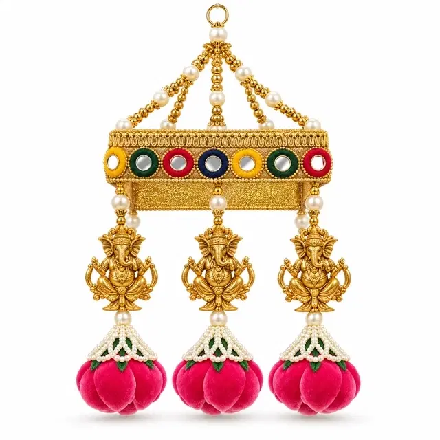 Golden Mirror-Work Dome Jhoomar With Ganesh Figures And Pink Velvet Danglers