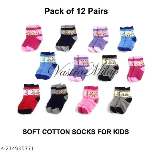 Cotton Socks for Kids, Set of 12 (Multicolor, 0-3 Months)