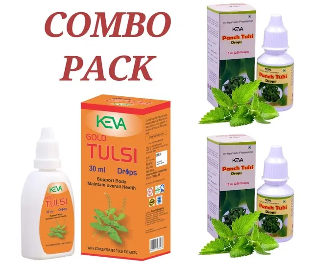 Combo of Keva Gold Tulsi, 30 ml & 2 Pcs Panch Tulsi, 15 ml Ayurvedic Drops, Set of 3
